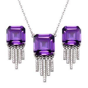 Sterling Silver 925 Square Halo Amethyst Dangling Clear CZ Earring & Pendant Set